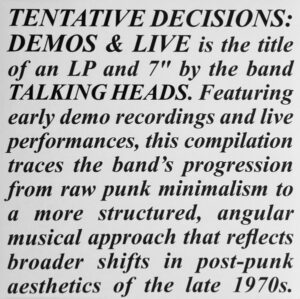 Talking Heads - Tentative Decisions: Demos & Live [RSD | Ltd]